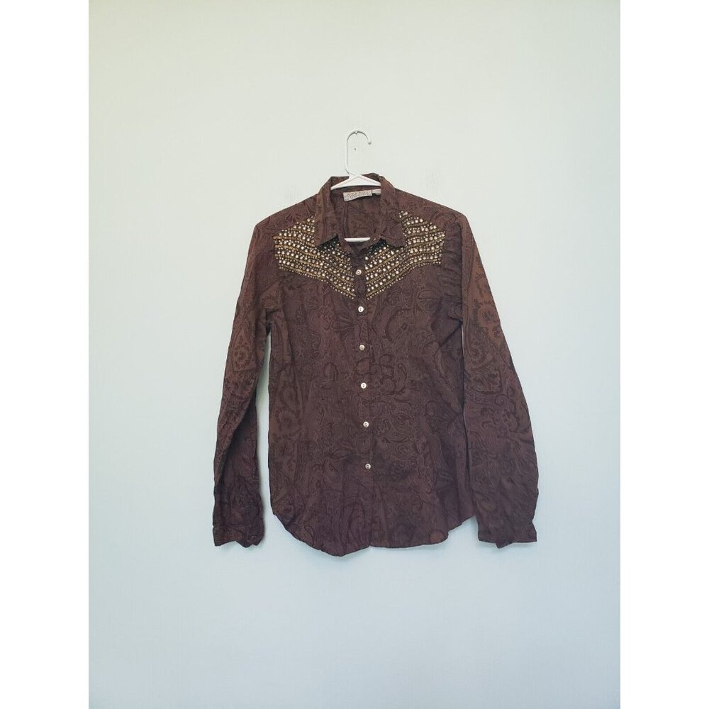 Pink Cattlelac Women M Shirt Western Studded Gold Brown Paisley Floral Cowgirl
